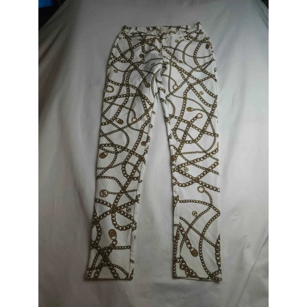 Michael Kors Womens White Gold Chain Link Print Skinny Pants Size S MK Logo